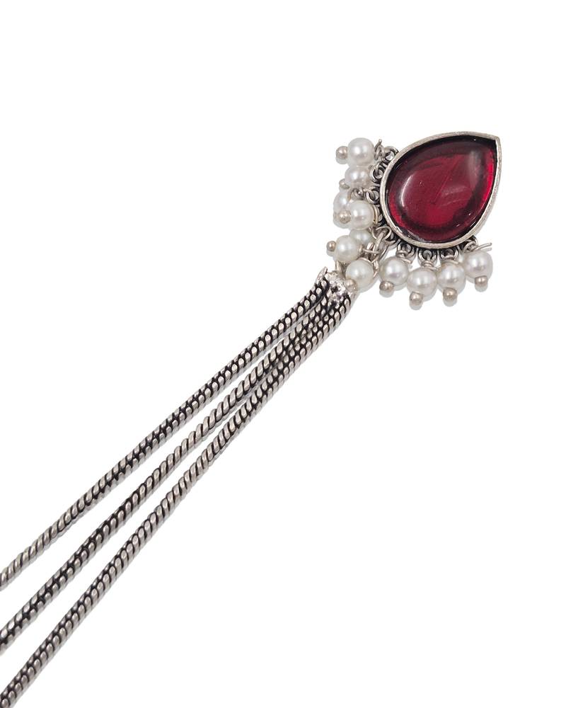 Red Stone Long Chain Jhumka Earrings for Women | Oxidised Silver Look Traditional Ethnic Dangler Earrings