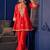 Red silk blend crepe kurta pant set with handwork