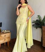 Lemon embroidered georgette kurta pant set with dupatta