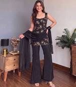 Black embroidered georgette kurta pant set with dupatta