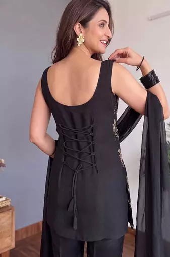 Black embroidered georgette kurta pant set with dupatta