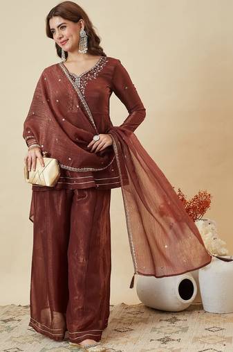 Brown fandy silk blend kurta pant set with dupatta