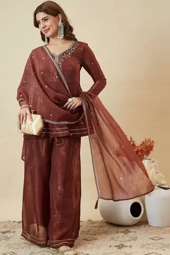 Brown fandy silk blend kurta pant set with dupatta