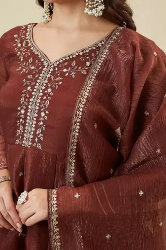 Brown fandy silk blend kurta pant set with dupatta