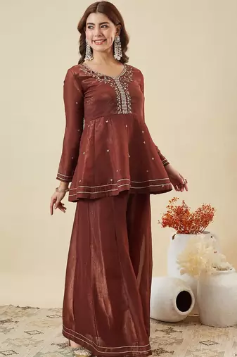 Brown fandy silk blend kurta pant set with dupatta