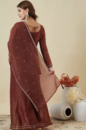 Brown fandy silk blend kurta pant set with dupatta