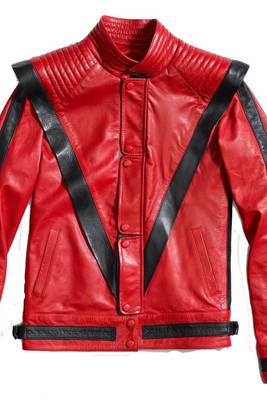 Retro 80s thriller style red leather biker jacket with black v-trim 1