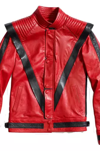 Retro 80s thriller style red leather biker jacket with black v-trim
