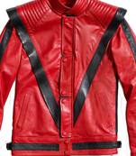 Retro 80s thriller style red leather biker jacket with black v-trim