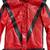Retro 80s thriller style red leather biker jacket with black v-trim