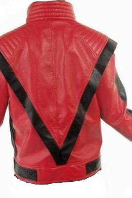 Retro 80s thriller style red leather biker jacket with black v-trim 2