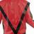 Retro 80s thriller style red leather biker jacket with black v-trim