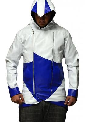 Men's white & blue assassin cosplay hooded leather jacket 1