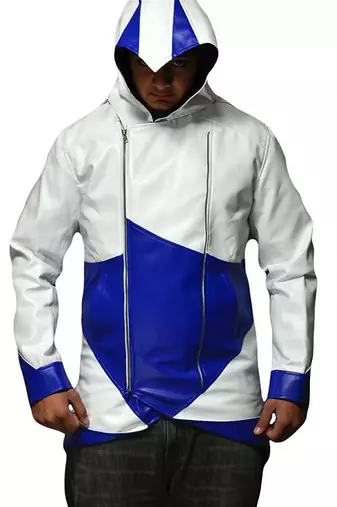 Men's white & blue assassin cosplay hooded leather jacket