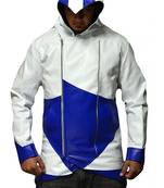 Men's white & blue assassin cosplay hooded leather jacket