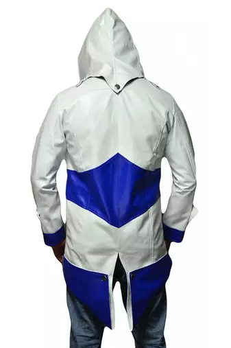 Men's white & blue assassin cosplay hooded leather jacket