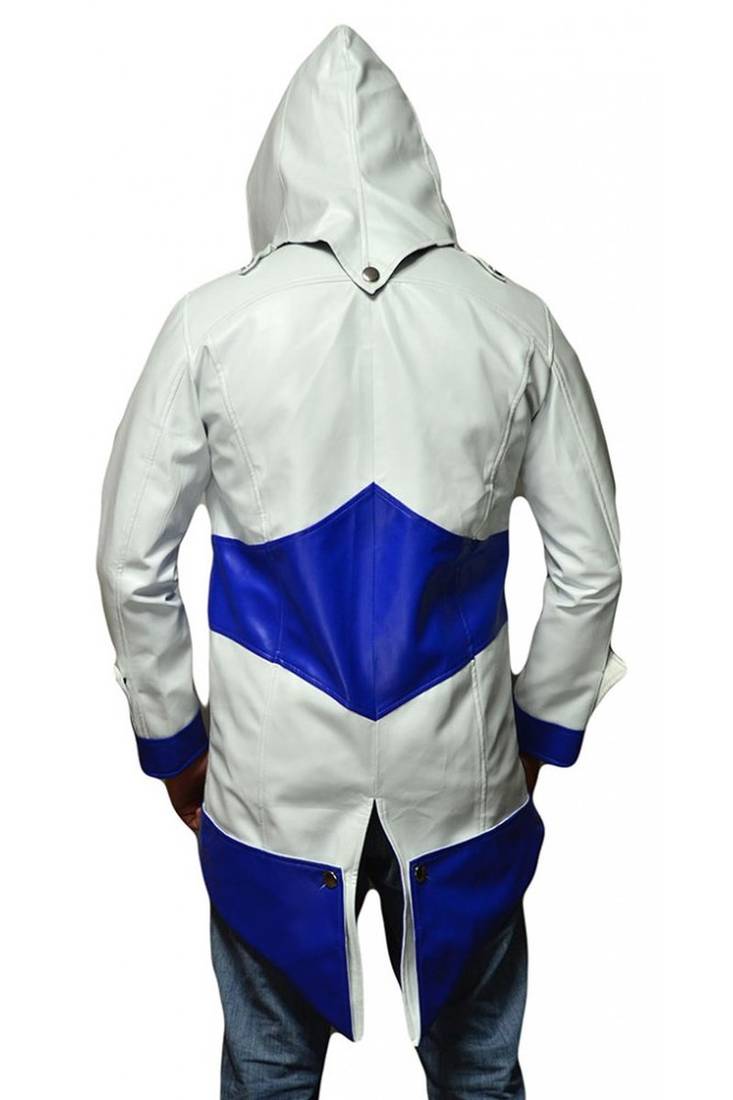 Men's white & blue assassin cosplay hooded leather jacket