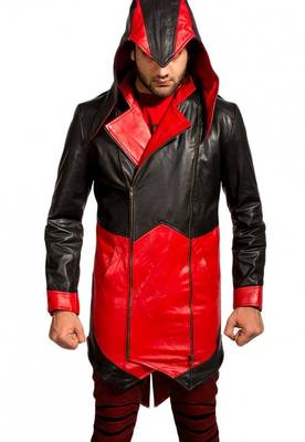 Men's black & red assassin cosplay hooded leather trench coat 1