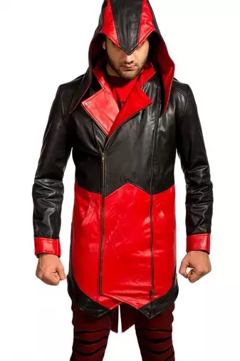 Men's black & red assassin cosplay hooded leather trench coat