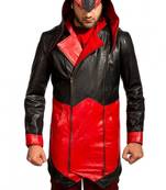 Men's black & red assassin cosplay hooded leather trench coat