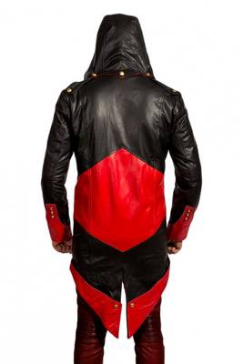 Men's black & red assassin cosplay hooded leather trench coat 2