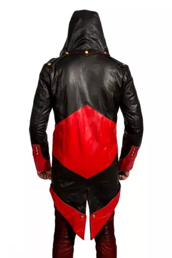 Men's black & red assassin cosplay hooded leather trench coat