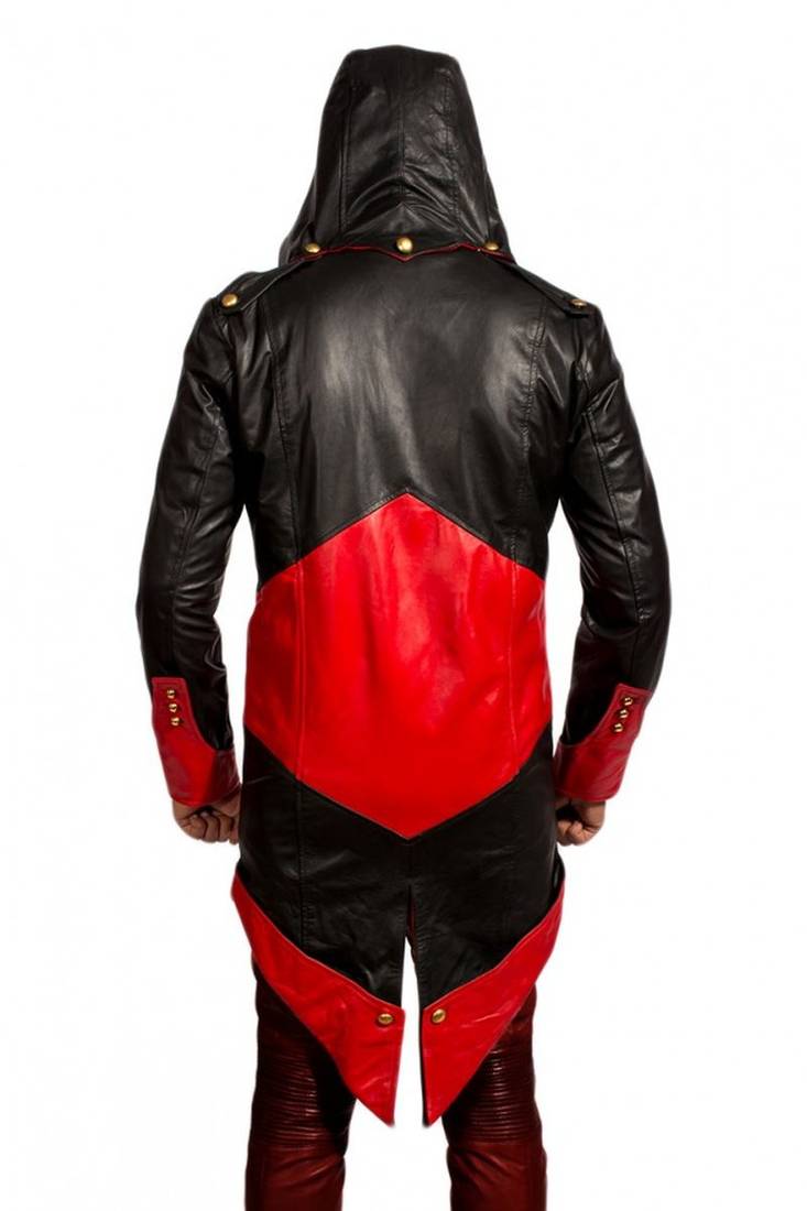 Men's black & red assassin cosplay hooded leather trench coat