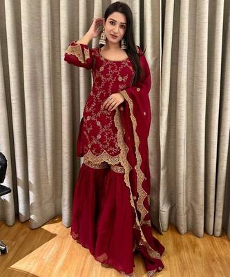 Wine embroidered kurta palazzo set with dupatta 1