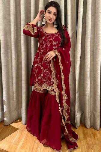 Wine embroidered kurta palazzo set with dupatta