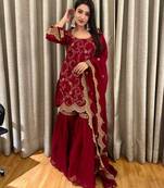 Wine embroidered kurta palazzo set with dupatta