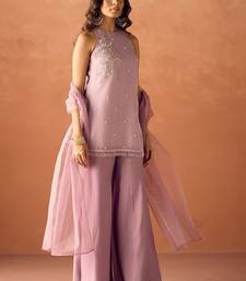 Lavender crunchy beads work kurti palazzo set with organza dupatta