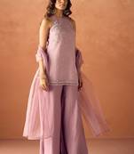 Lavender crunchy beads work kurti palazzo set with organza dupatta