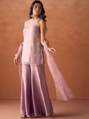 Lavender crunchy beads work kurti palazzo set with organza dupatta 2