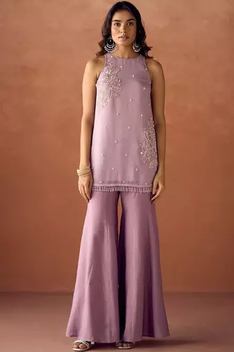 Lavender crunchy beads work kurti palazzo set with organza dupatta