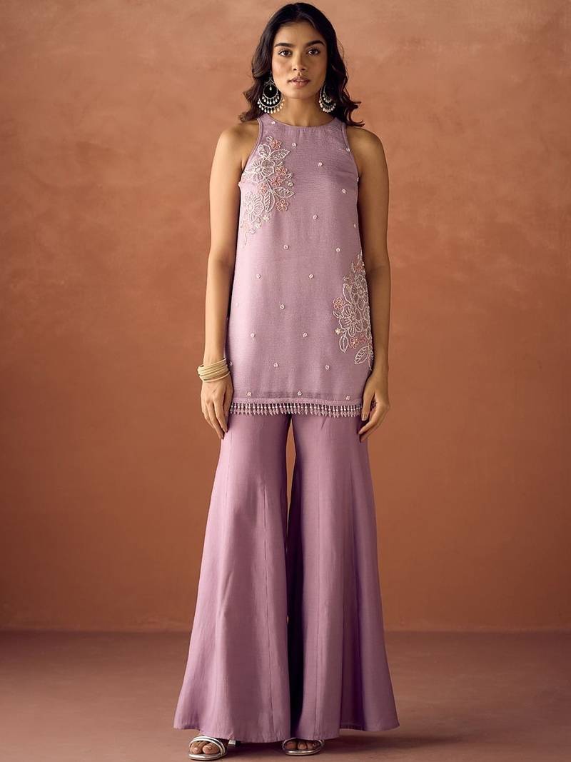 Lavender crunchy beads work kurti palazzo set with organza dupatta