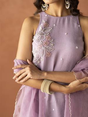 Lavender crunchy beads work kurti palazzo set with organza dupatta 4