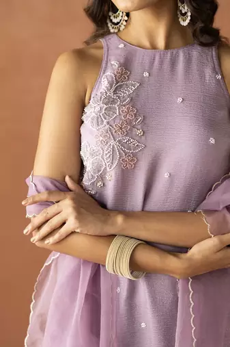 Lavender crunchy beads work kurti palazzo set with organza dupatta