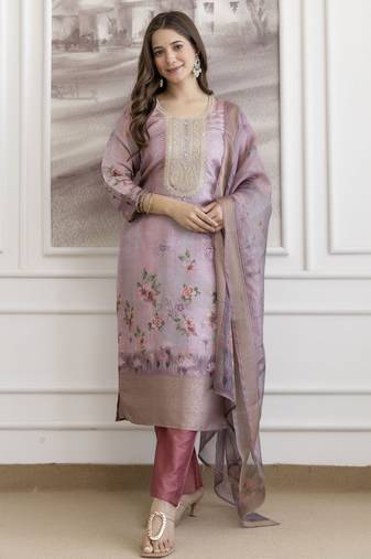 Rose viscose jacquard kurta set with organza dupatta