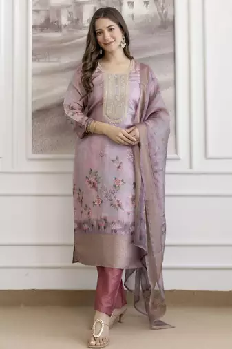 Rose viscose jacquard kurta set with organza dupatta