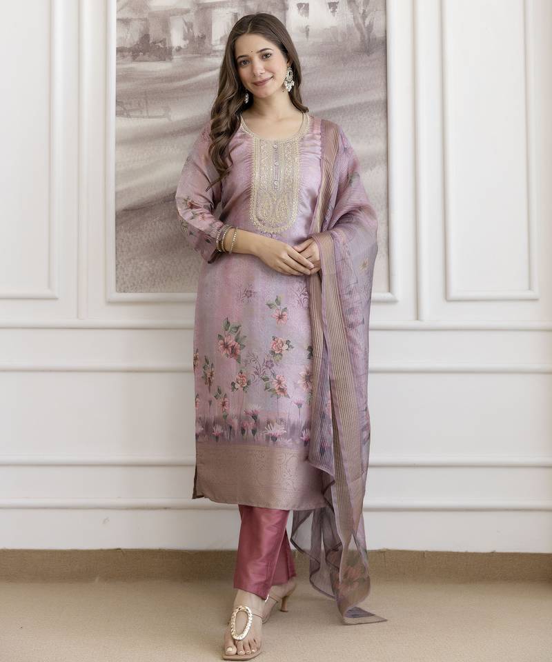 Rose viscose jacquard kurta set with organza dupatta