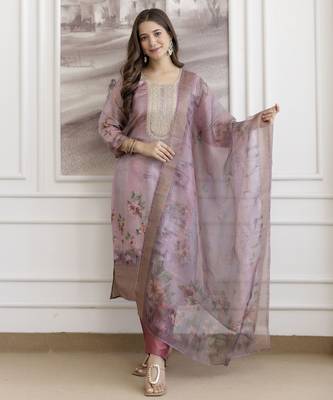 Rose viscose jacquard kurta set with organza dupatta 2