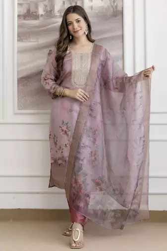 Rose viscose jacquard kurta set with organza dupatta