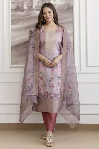Rose viscose jacquard kurta set with organza dupatta