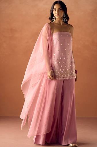 Pink viscose organza kurti set with organza dupatta