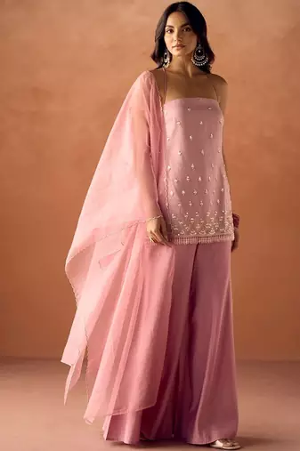 Pink viscose organza kurti set with organza dupatta