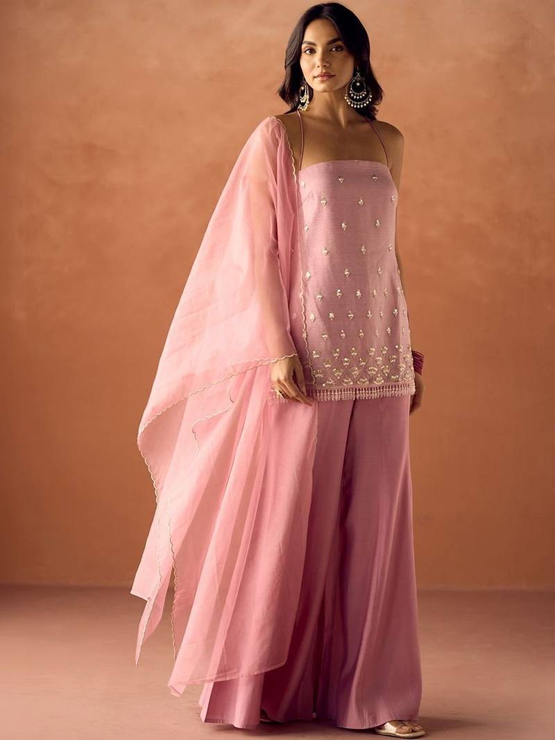 Pink viscose organza kurti set with organza dupatta