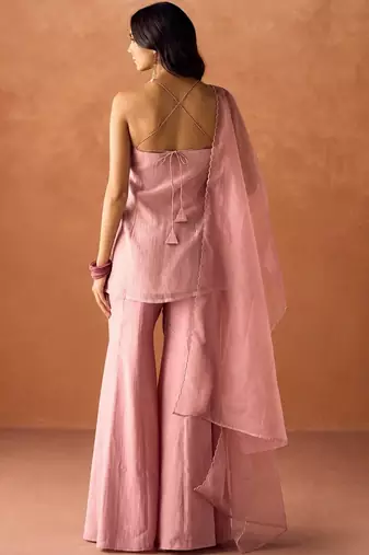 Pink viscose organza kurti set with organza dupatta
