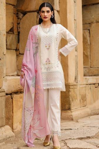 Off white cotton embroidered kurta set with taby dupatta