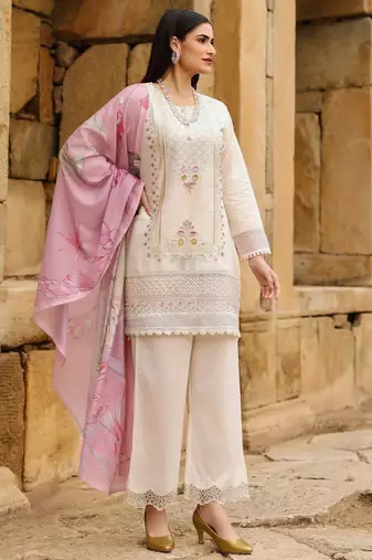 Off white cotton embroidered kurta set with taby dupatta