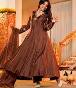 Brown cp vichitra embroidered kurta set with dupatta